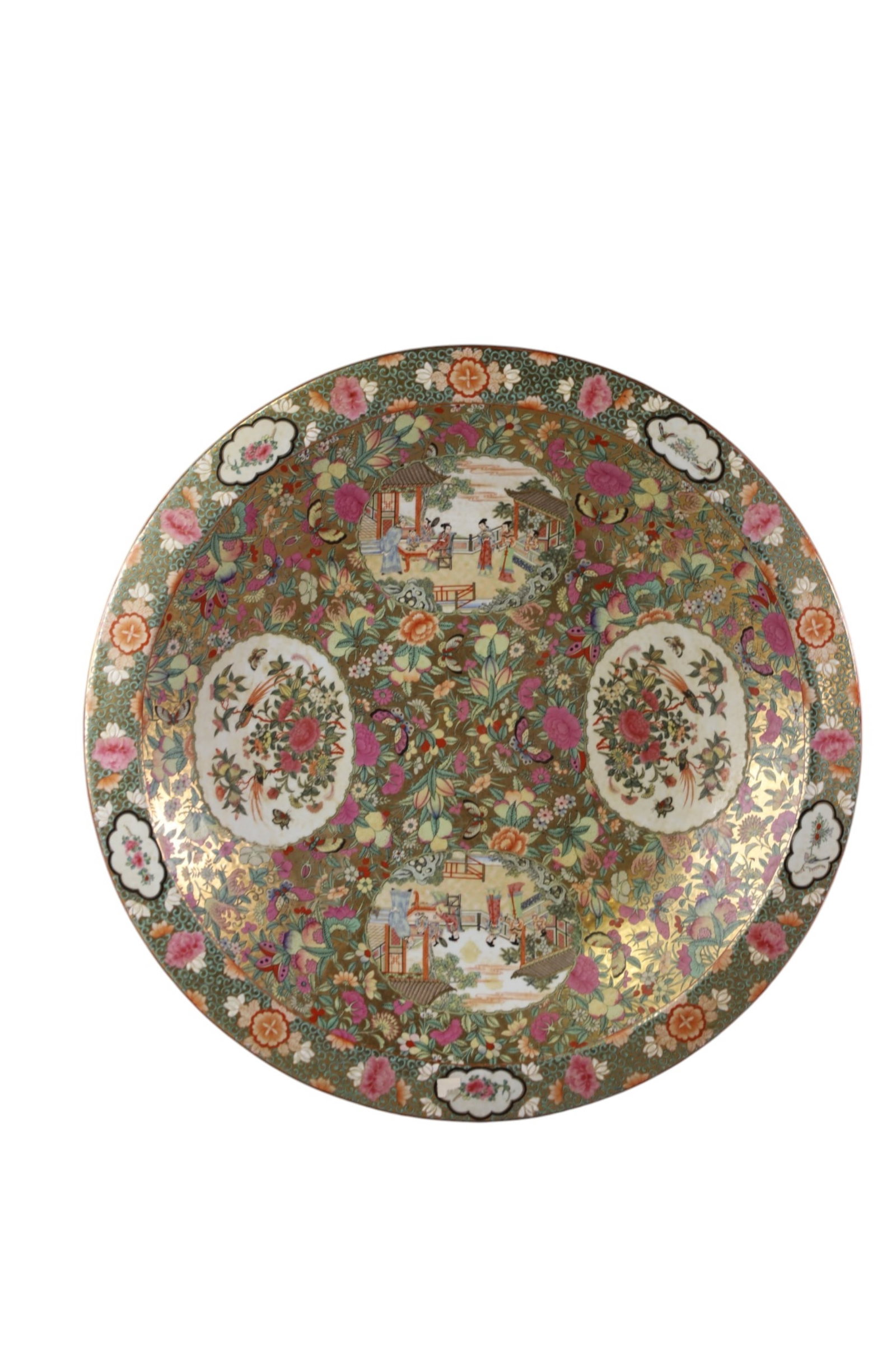 LARGE CHINESE CHARGER: LARGE CHINESE PORCELAIN CHARGER, FIGURAL AND FLORAL DECORATED, MARKED ON UNDERSIDE .25" DIAM.