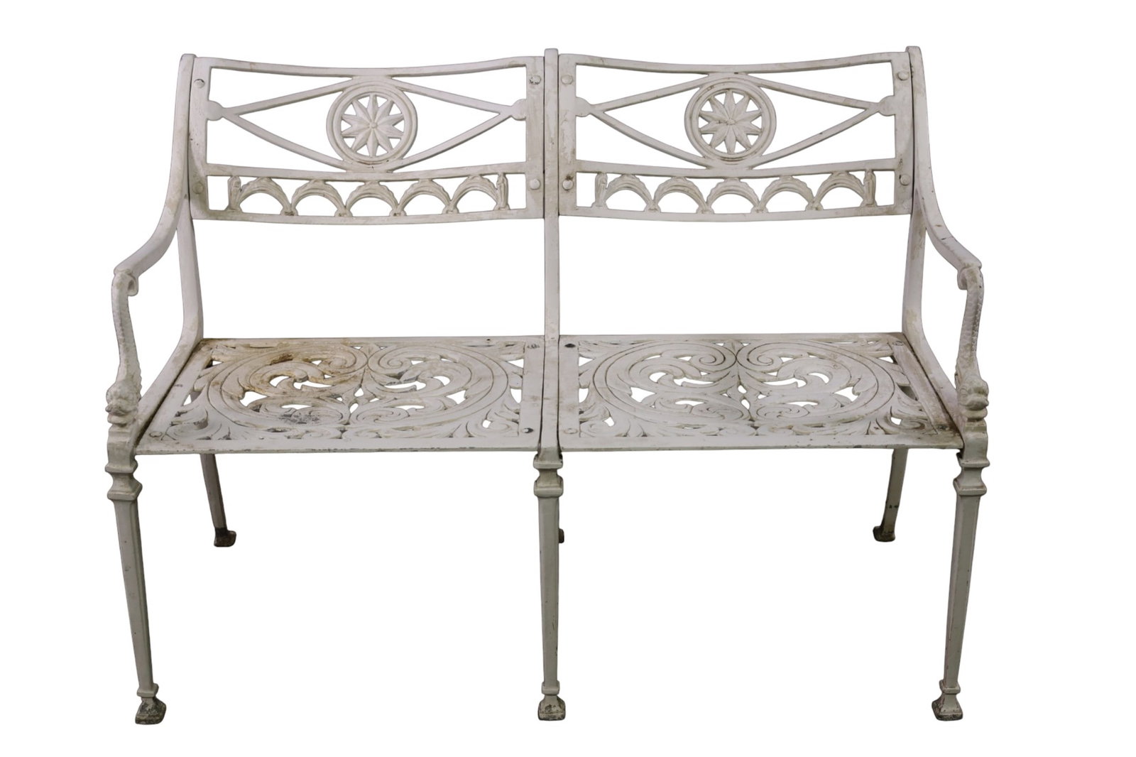 VINTAGE DOLPHIN DECORATED PATIO BENCH: PAINTED FINISH VINTAGE METAL PATIO BENCH, SOME PAINT LOSS. 43" W x 16" D x 30 1/2" H. THIS ITEM EXCEEDS SIZE, WEIGHT, AND OR FRAGILITY LIMITATIONS FOR IN HOUSE SHIPPING, MUST BE PICKED UP IN HOUSE OR