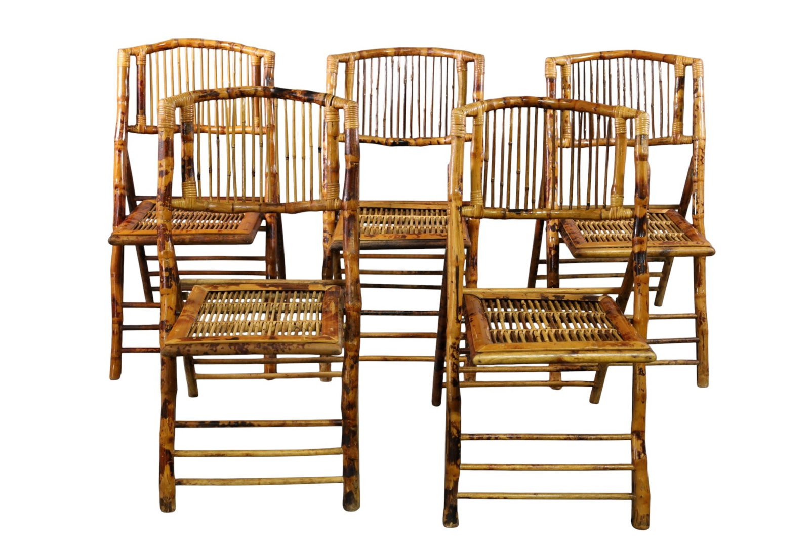 SET OF 5 VINTAGE BAMBOO FOLDING CHAIRS: SET OF 5 VINTAGE BAMBOO FOLDING CHAIRS, SPINDLE SEATS AND BACKS, 18" W x 22" D x 35" H. THIS ITEM EXCEEDS SIZE, WEIGHT, AND OR FRAGILITY LIMITATIONS FOR IN HOUSE SHIPPING, MUST BE PICKED UP IN HOUSE