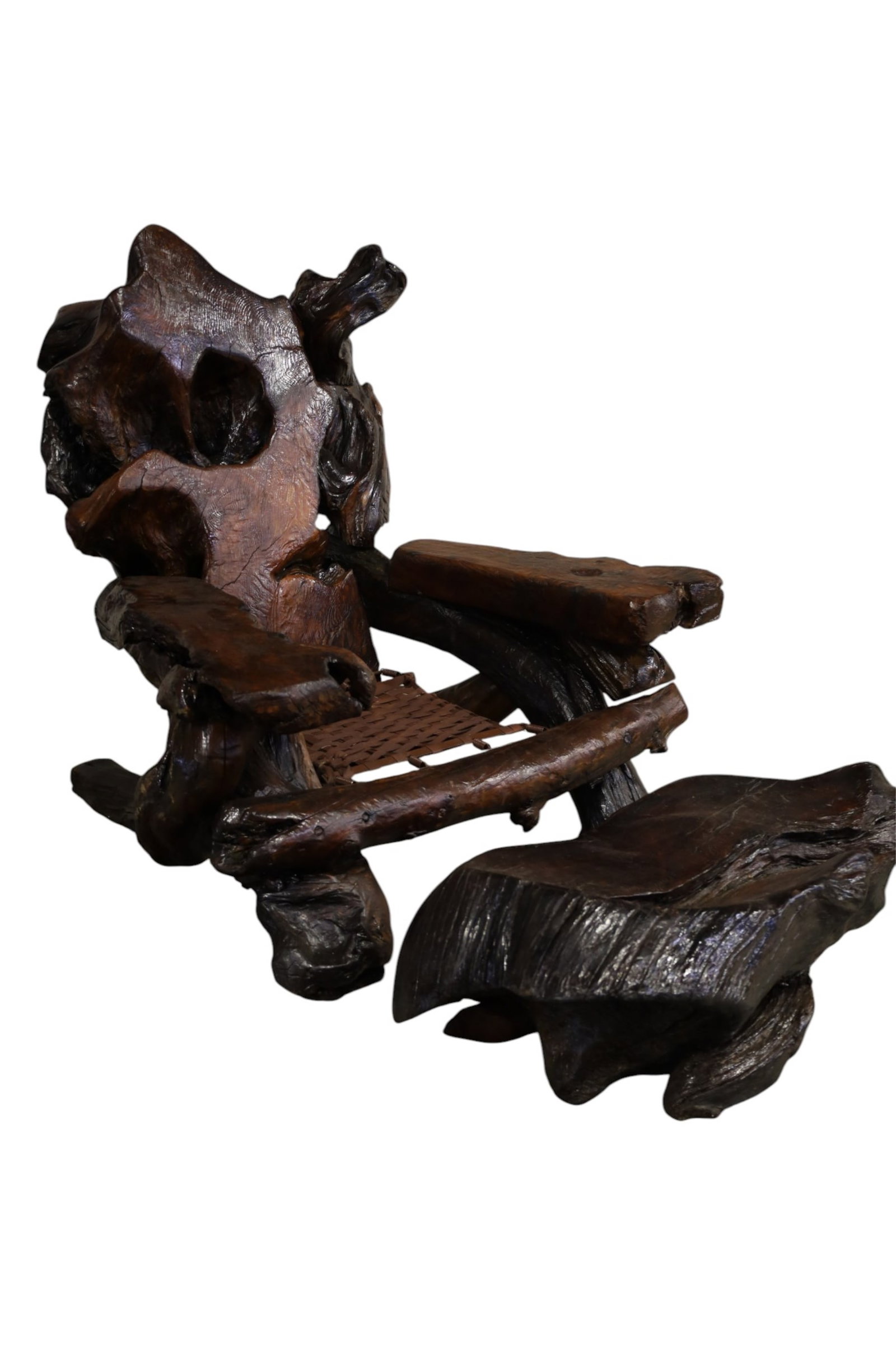 LARGE CUSTOM BURL WOOD ARMCHAIR & FOOTSTOOL: LARGE CUSTOM MADE BURL WOOD ARMCHAIR OR LOUNGE CHAIR WITH LARGE CUSTOM BURL WOOD FOOTSTOOL. 48" W x 56" D x 48" H CHAIR & 41" W x 21" D x 15" H. THIS ITEM EXCEEDS SIZE, WEIGHT, AND OR FRAGILITY