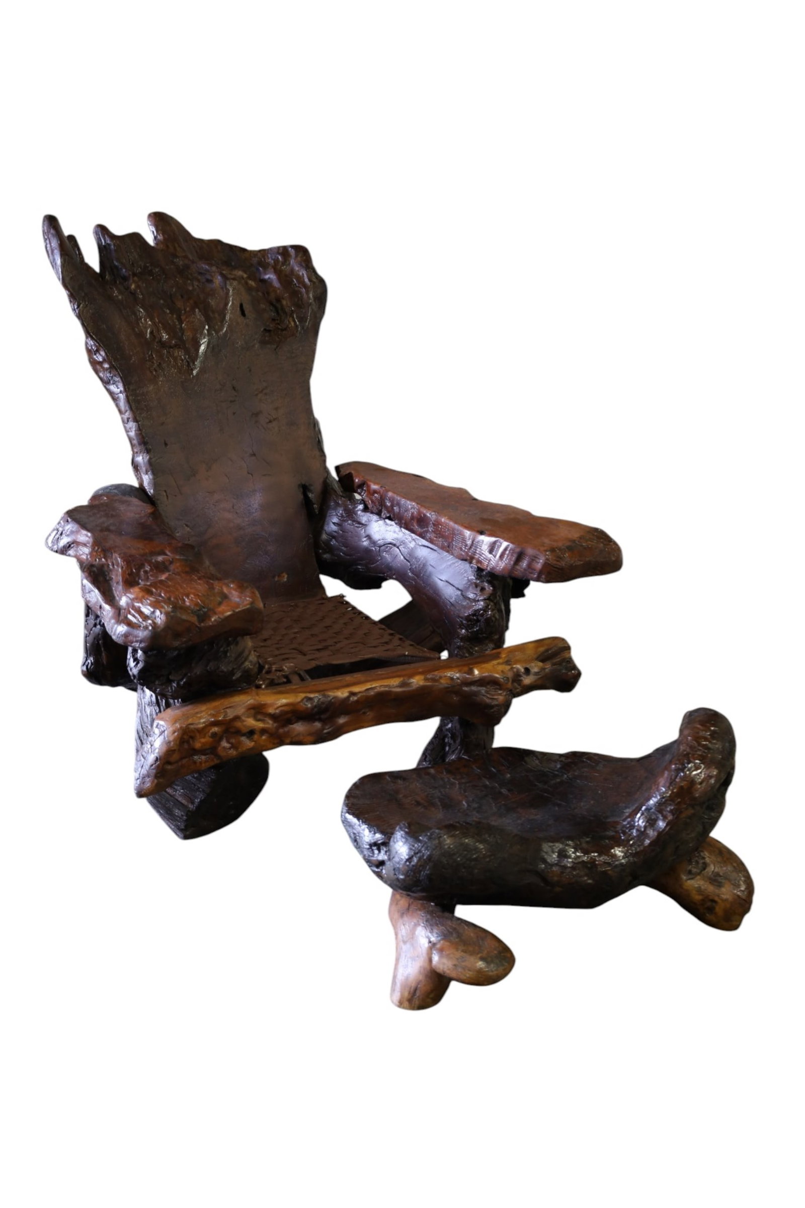 LARGE CUSTOM BURL WOOD ARMCHAIR & FOOTSTOOL: LARGE CUSTOM MAE BURL WOOD ARMCHAIR OR LOUNGE CHAIR, WITH LARGE CUTOM BURL WOOD FOOTSTOOL. 46" W x 55" D x 44" H. CHAIR & 29" W x 16" D x 17" H. THIS ITEM EXCEEDS SIZE, WEIGHT, AND OR FRAGILITY