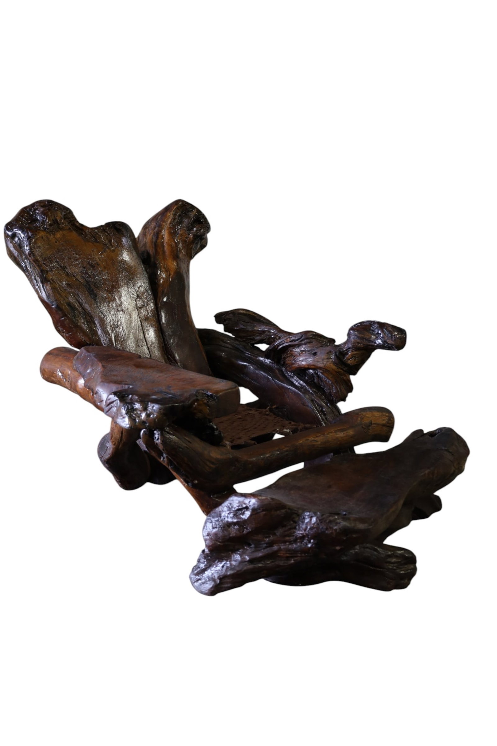 LARGE CUSTOM BURL WOOD ARMCHAIR & FOOTSTOOL: LARGE CUSTOM BURL WOOD ARMCHAIR AND FOOTSTOOL. 27" W x 52" D x 40" H CHAIR, & 42" W x 18" D x 14" H. THIS ITEM EXCEEDS SIZE, WEIGHT, AND OR FRAGILITY LIMITATIONS FOR IN HOUSE SHIPPING, MUST BE PICKED