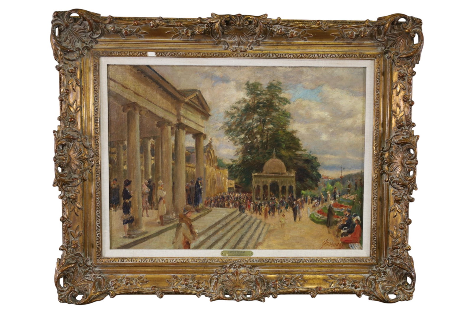 EASTER SUNDAY OIL PAINTING: JOSEF CESTMIR OIL ON CANVAS ON BOARD, SIGNED LOWER RIGHT, TITLED EASTER SUNDAY. MINOR DAMAGE TO FRAME. 27" x 19 1/2" IMAGE SIZE / 36" x 30" IN FRAME. THE WORK IS OFFERED FROM A PRIVATE COLLECTION AND