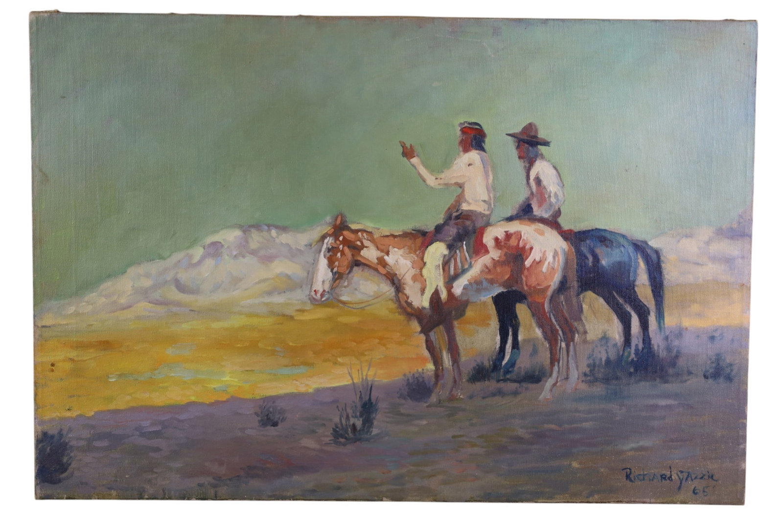 RICHARD YAZZIE OIL PAINTING: UNFRAMED OIL ON CANVAS, WESTERN MOTIF. 28" x 19"
