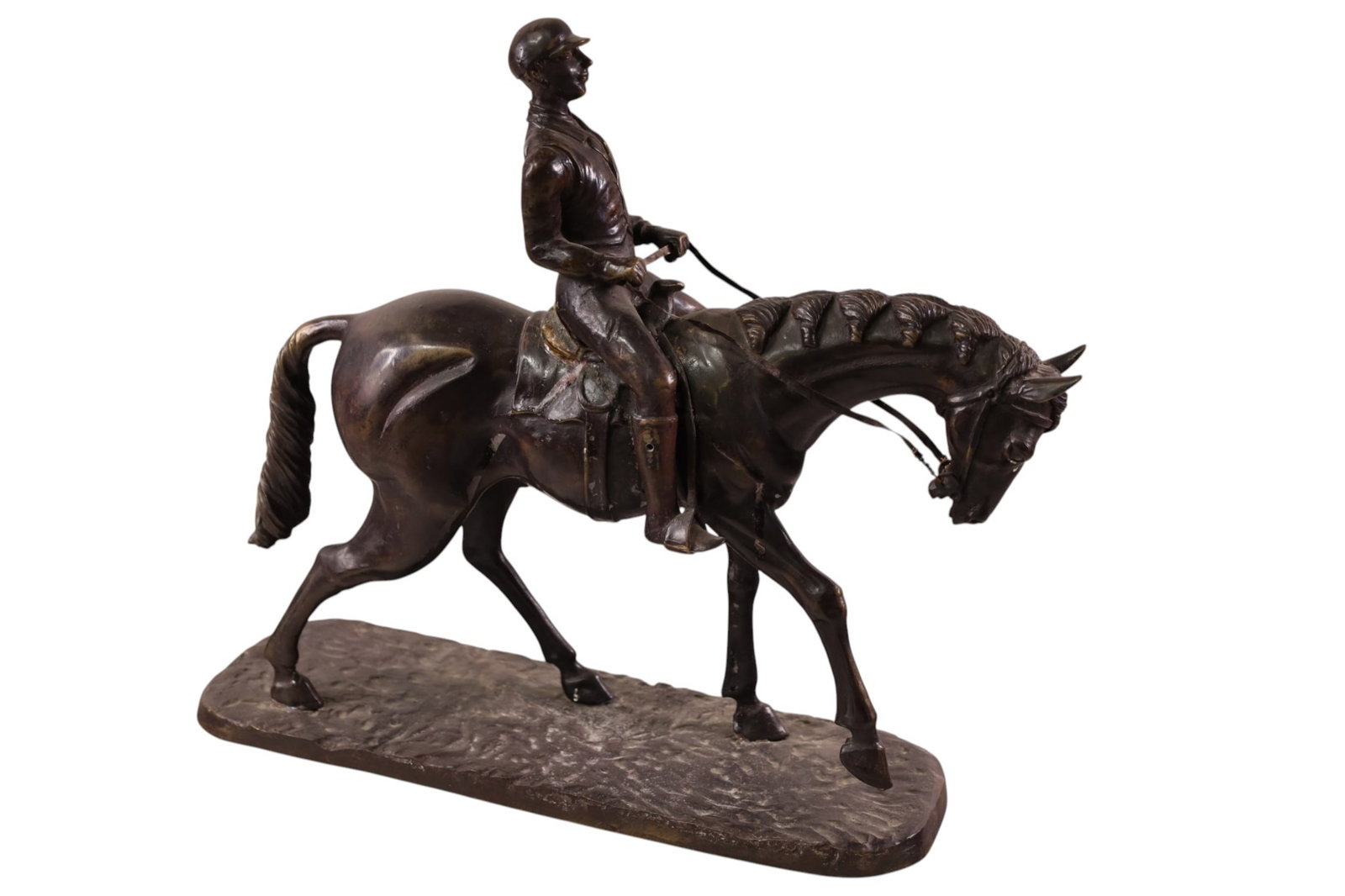 JOCKEY ON HORSEBACK BRONZE: BRONZE SCULPTURE, JOCKEY ON HORSEBACK, JOCKEY IS LOOSE. 18" L x 15" H.