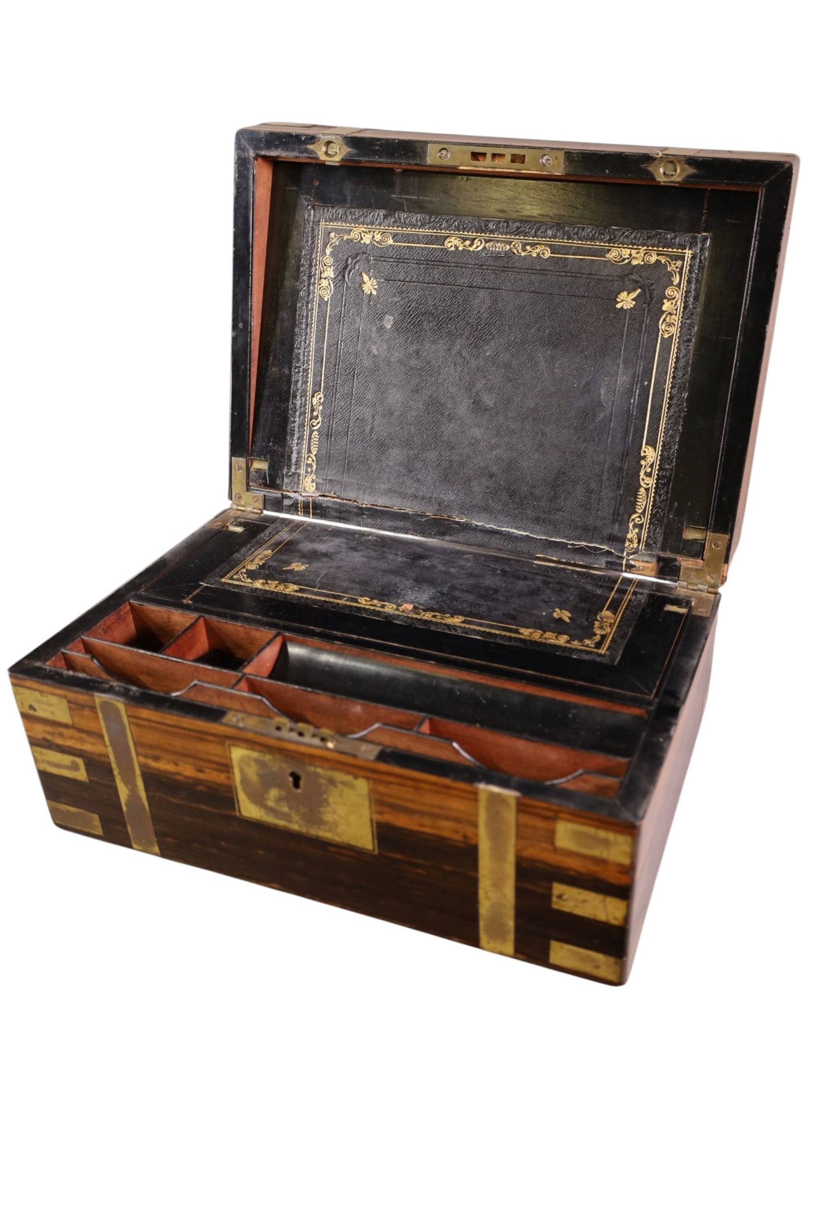 1800'S ENGLISH LAP DESK: ENGLISH, BRASS ACCENT LAP DESK. DAMAGE TO INTERIOR. 14" W x 9" D x 6" H.