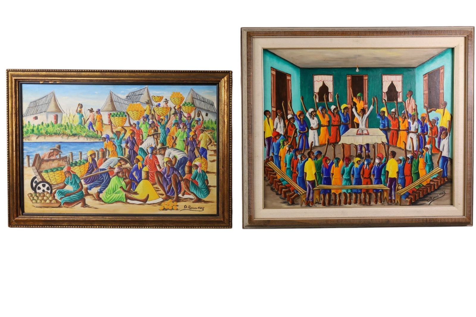 2 HAITIAN PAINTINGS: D. ROUANEZ OIL PAINTINGS. HAITIAN ARTIST, SIGNED LOWER RIGHT. 27" 1/2" - 28 1/2" W.