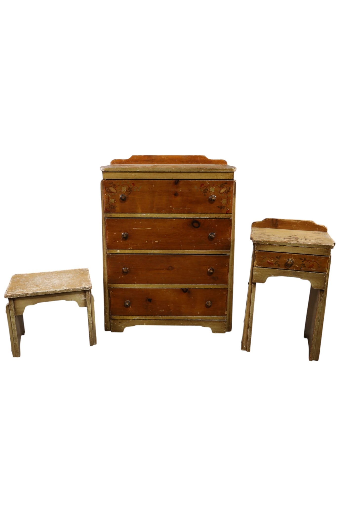 3 PCS OF MONTEREY STYLE FURNITURE: TALL CHEST, NIGHTSTAND, AND STOOL. PAINT LOSS, FINISH LOSS. 31 1/2" W x 19" D x 43 1/2" H CHEST & 17" W x 13" D x 29" NIGHTSTAND, & 18" W x 13" D x 16" STOOL. THIS ITEM EXCEEDS SIZE, WEIGHT, AND OR