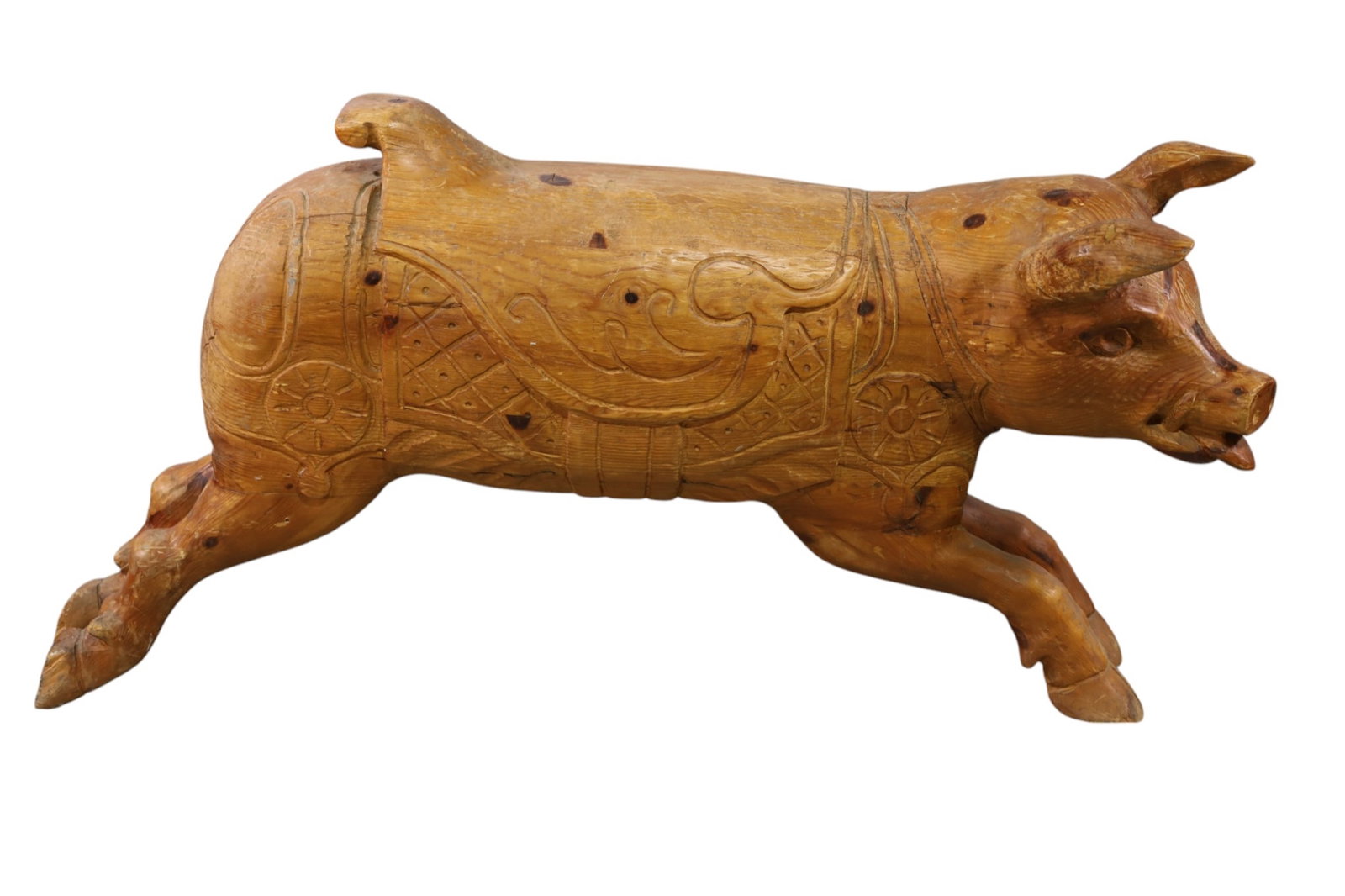 CARVED WOODEN CAROUSEL PIG: LARGE CARVED SOLID WOODEN PIG. 50" L x 23" H. THIS ITEM EXCEEDS SIZE, WEIGHT, AND OR FRAGILITY LIMITATIONS FOR IN HOUSE SHIPPING, MUST BE PICKED UP IN HOUSE OR SHIPPED VIA 3rd PARTY GROUND SHIPPER.