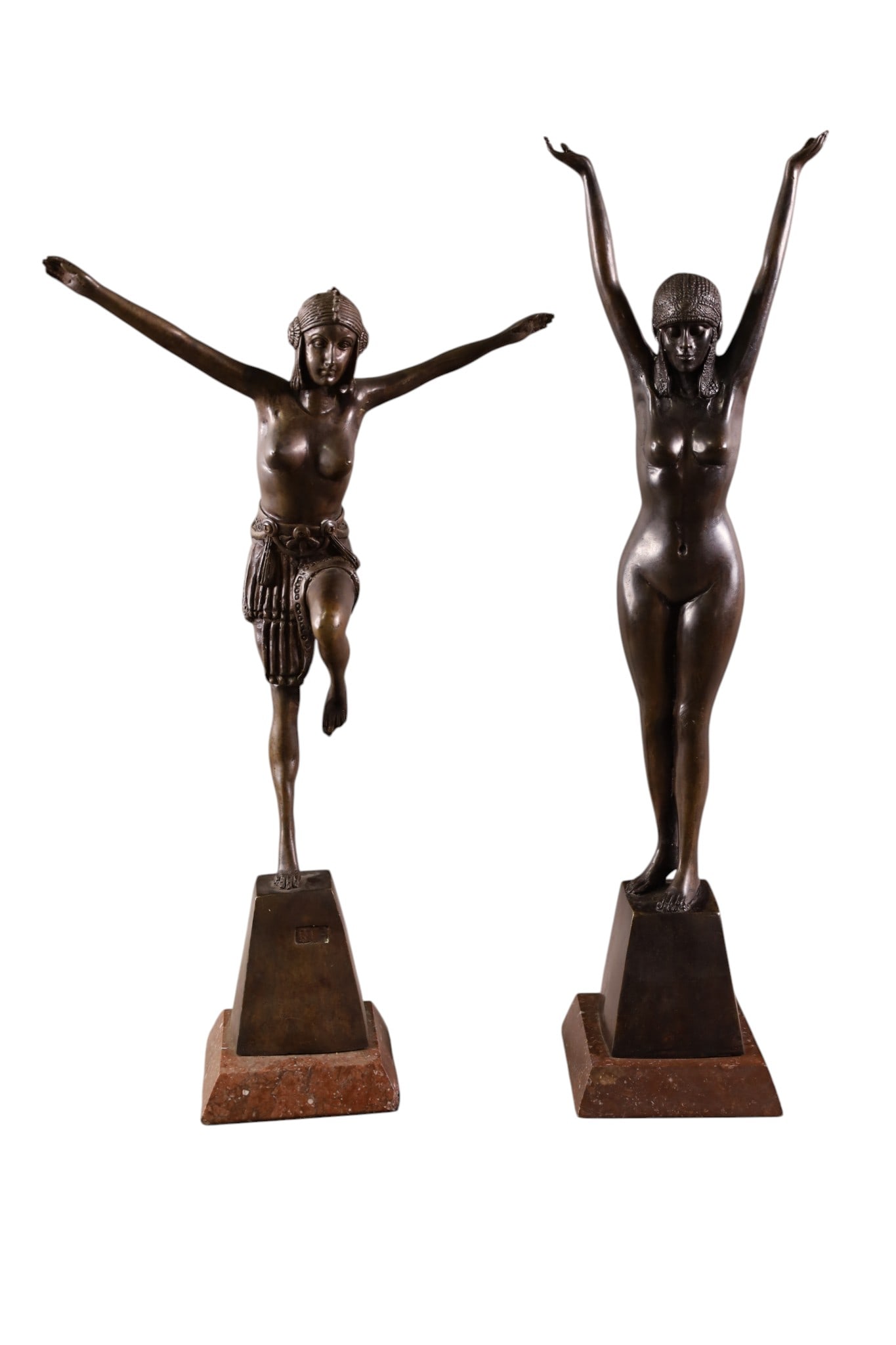2 ART DECO LADY STATUES: 2 ART DECO METAL FIGURES, ON MARBLE BASES. 18" & 20" H.