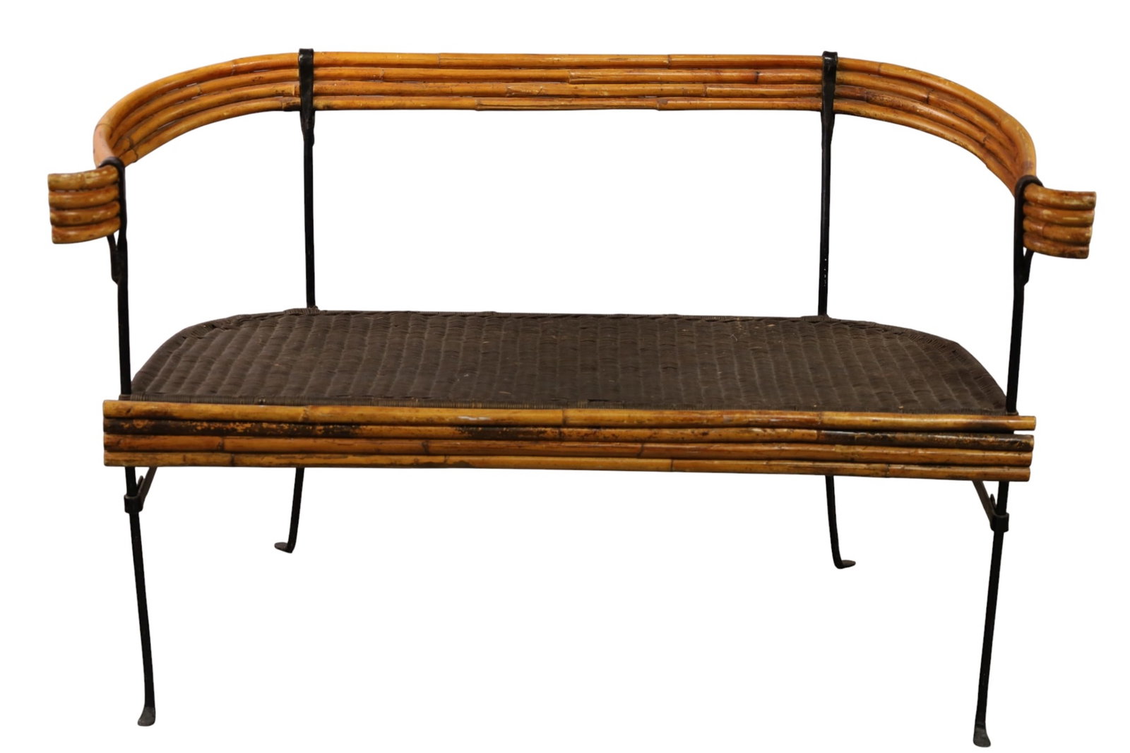 IRON & RATTAN BENCH: RATTAN AND IRON WITH WOVEN SEAT BENCH. 48" W x 21" D x 31" H. THIS ITEM EXCEEDS SIZE, WEIGHT, AND OR FRAGILITY LIMITATIONS FOR IN HOUSE SHIPPING, MUST BE PICKED UP IN HOUSE OR SHIPPED VIA 3rd PARTY