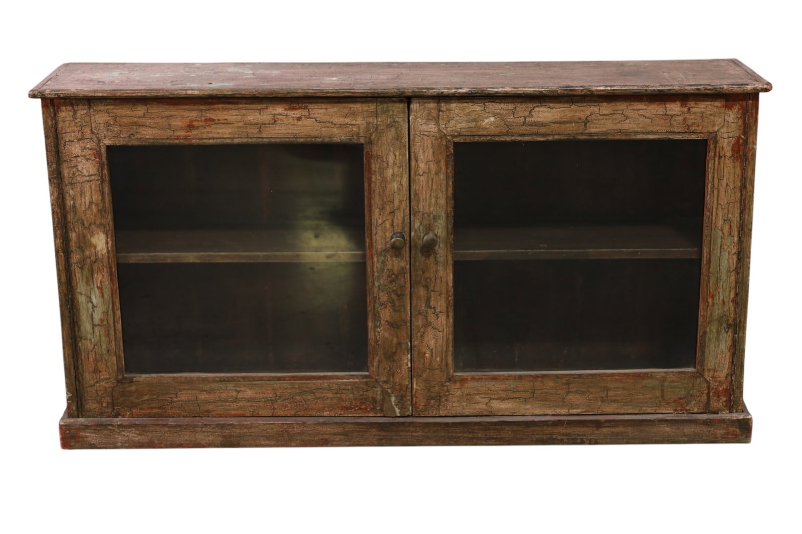 PRIMITIVE PAINTED HANGING CABINET: PAINTED TWO DOOR HANGING CABINET, SOME PAINT LOSS. 48" W x 10" D x 25" H. THIS ITEM EXCEEDS SIZE, WEIGHT, AND OR FRAGILITY LIMITATIONS FOR IN HOUSE SHIPPING, MUST BE PICKED UP IN HOUSE OR SHIPPED VIA