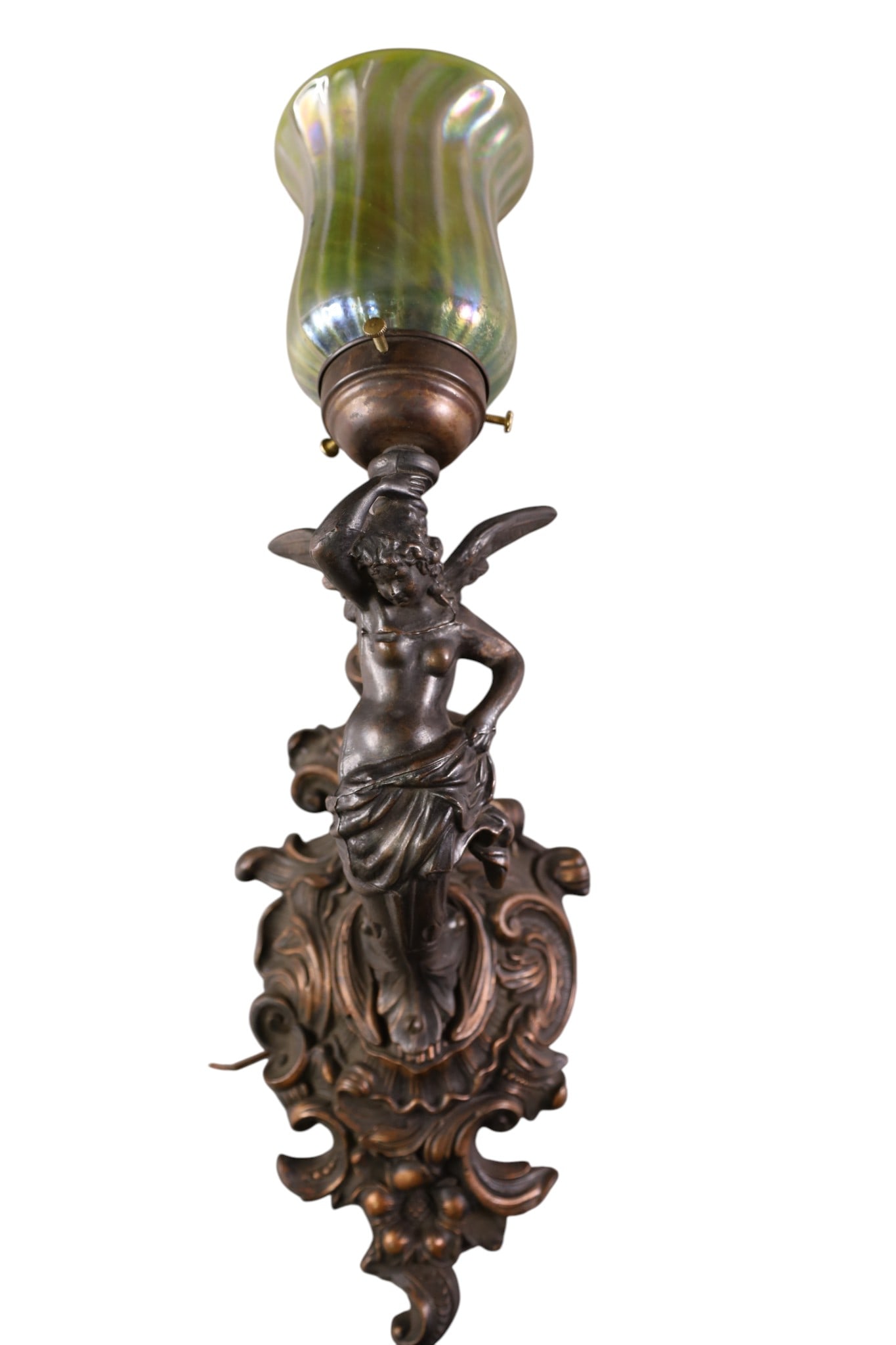 FIGURAL SCONCE: FIGURAL SCONCE WITH ART GLASS SHADE. 13" H.