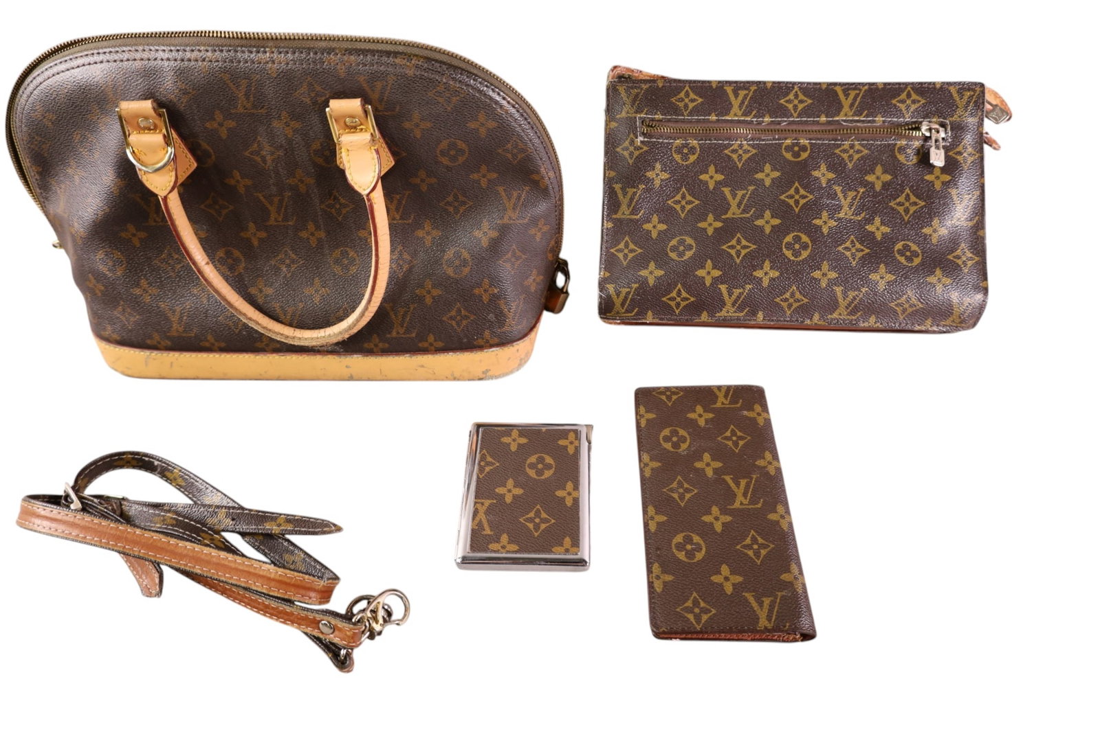 GROUPING OF LOUIS VUITTON: 2 HANDBAGS, WALLET, & COMPACT, ALL PIECES HAVE DAMAGE, WEAR TO SURFACE. NON AUTHENTICATED. 3" - 15" W.