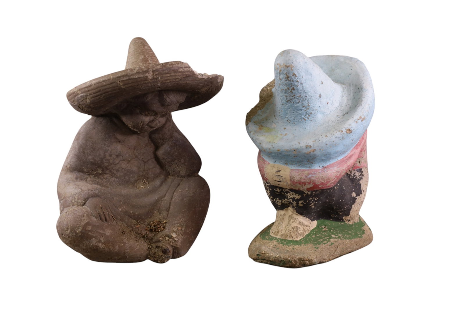 2 MEXICAN YARD FIGURES: 2 SMALL MEXICAN YARD FIGURES, SOME PAINT LOSS. CHIPS. 12" H. THIS ITEM EXCEEDS SIZE, WEIGHT, AND OR FRAGILITY LIMITATIONS FOR IN HOUSE SHIPPING, MUST BE PICKED UP IN HOUSE OR SHIPPED VIA 3rd PARTY