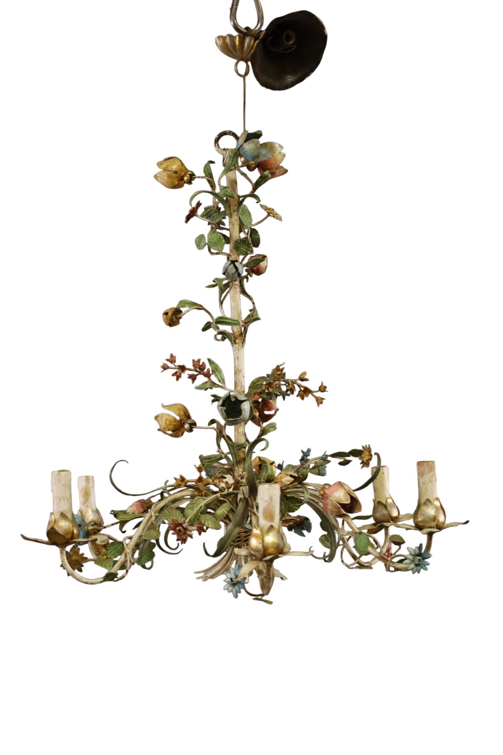 METAL FLORAL CHANDELIER: PAINTED FINISH, 6 LIGHT FLORAL CHANDELIER, SOME PAINT LOSS. NEEDS WIRED. 32" DIAM x 30" H. THIS ITEM EXCEEDS SIZE, WEIGHT, AND OR FRAGILITY LIMITATIONS FOR IN HOUSE SHIPPING, MUST BE PICKED UP IN