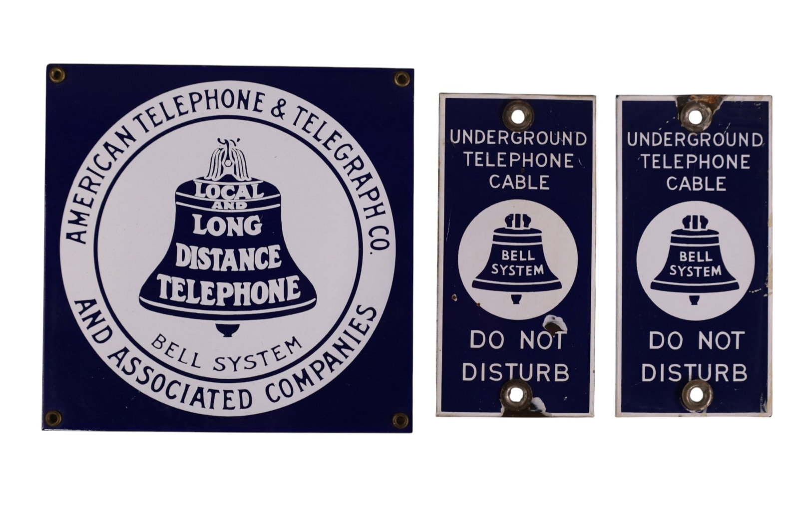 3 PORCELAIN BELL SYSTEM SIGNS: 3 SMALL BELL SYSTEMS PORCELAIN SIGNS, 2 DO NOT DISTURB PORCELAIN SIGNS, CHIPS. 3 1/2" x 7" & LOCAL AND LONG DISTANCE, 8" x 8"