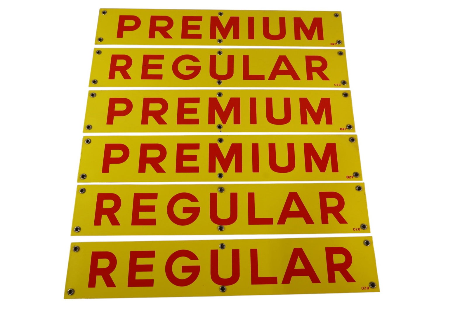 6 PORCELAIN PUMP PLATE STRIP SIGNS: 6 SHELL? PORCELAIN STRIP SIGNS, REGULAR & PREMIUM. 23" x 4"