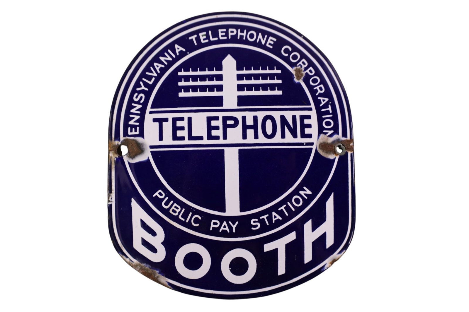 TELEPHONE BOOTH PORCELAIN SIGN: PENNSYLVANIA CORP. PUBLIC PAY STATION PORCELAIN SIGN. CHIPS. 6 1/2" x 7 1/2"