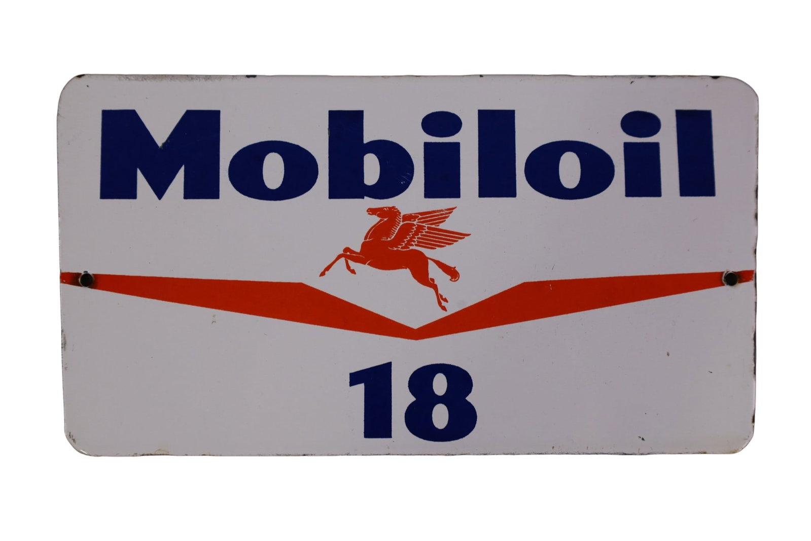 MOBILOIL PORCELAIN SIGN: SMALL MOBILOIL 18 WITH PEGASUS PORCELAIN SIGN, 8 3/4" x 4 3/4"