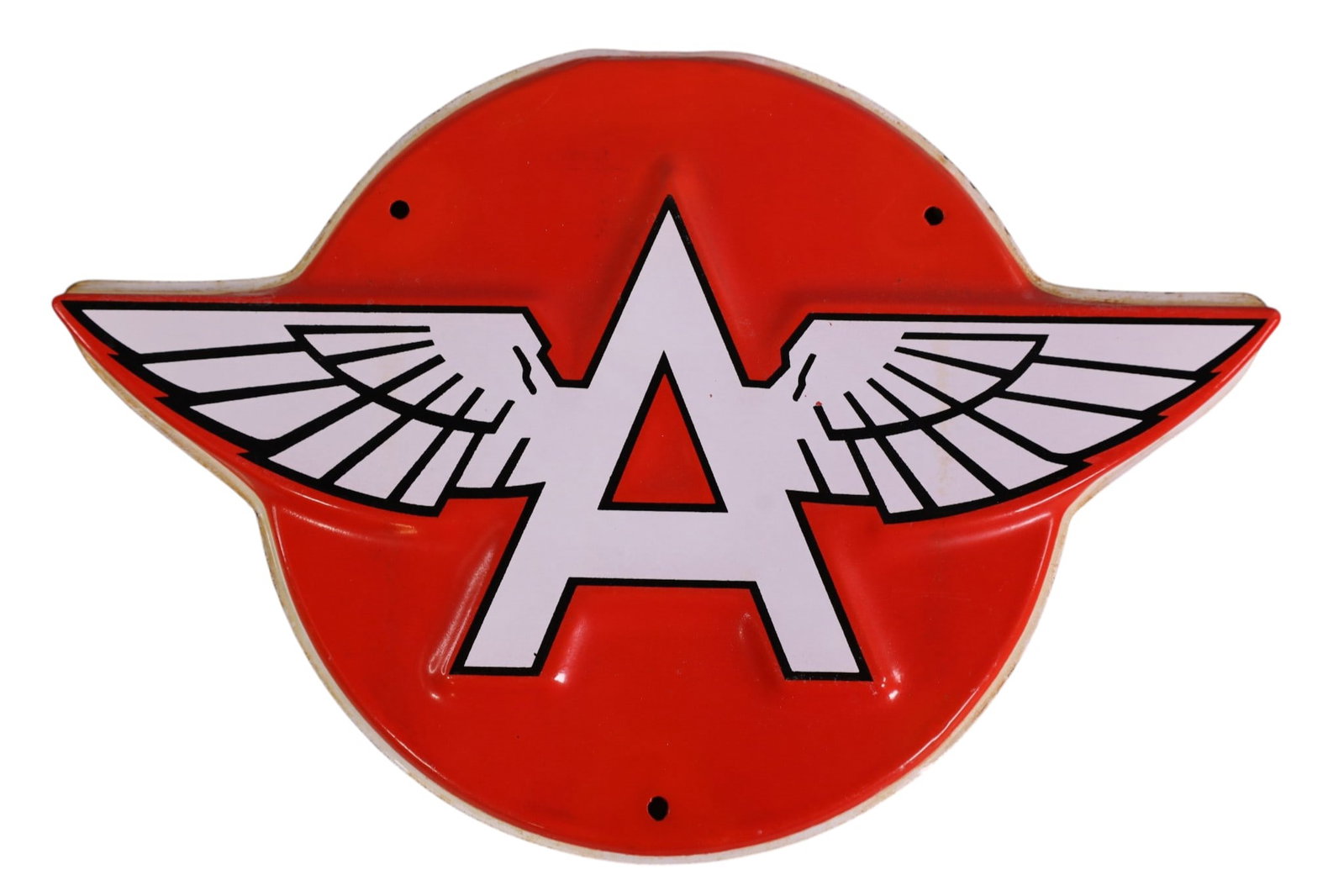FLYING A PORCELAIN PUMP PLATE (TAC): EMBOSSED PORCELAIN METAL SIGN, ASSOCIATED, FLYING A PUMP PLATE. RESTORED ON GROMET HOLES & ABOVE THE "A", GOOD GLOSS. TAC#063400 13" x 9"