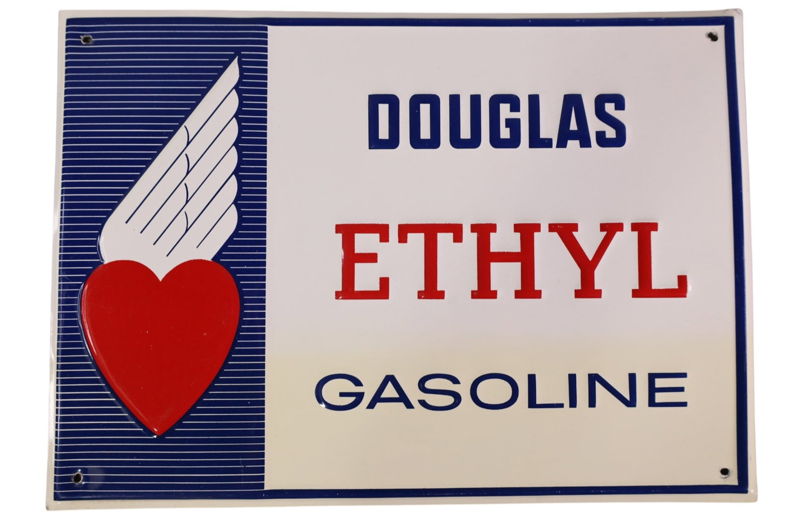 DOUGLAS ETHYL GASOLINE METAL SIGN (TAC): DOUGLAS ETHYL EMBOSSED METAL SIGN, MINOR DISCOLORATION ON WHITE. OVERALL FANTASTIC EXAMPLE 14" x 10". RATED 9. TAC#063401