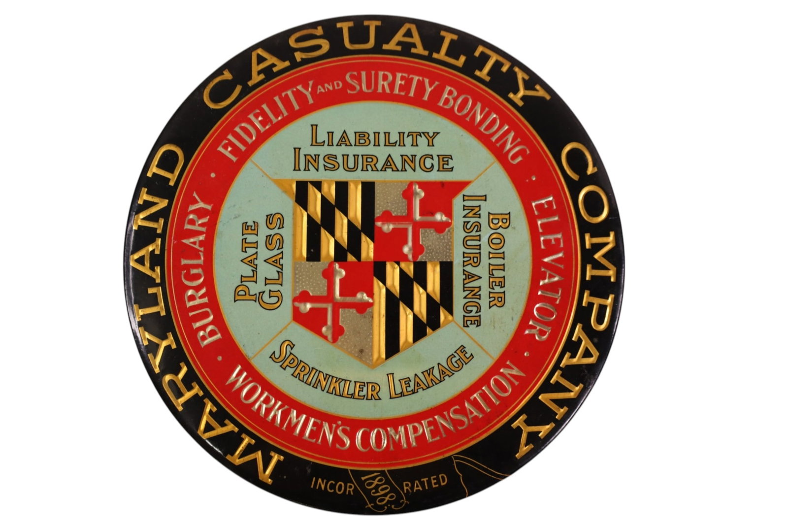 MARYLAND CASUALTY COMPANY BUTTON SIGN: METAL OVER CARDBOARD, MARYLAND CASUALTY INSURANCE CO. BUTTON SIGN. 10" DIAM.