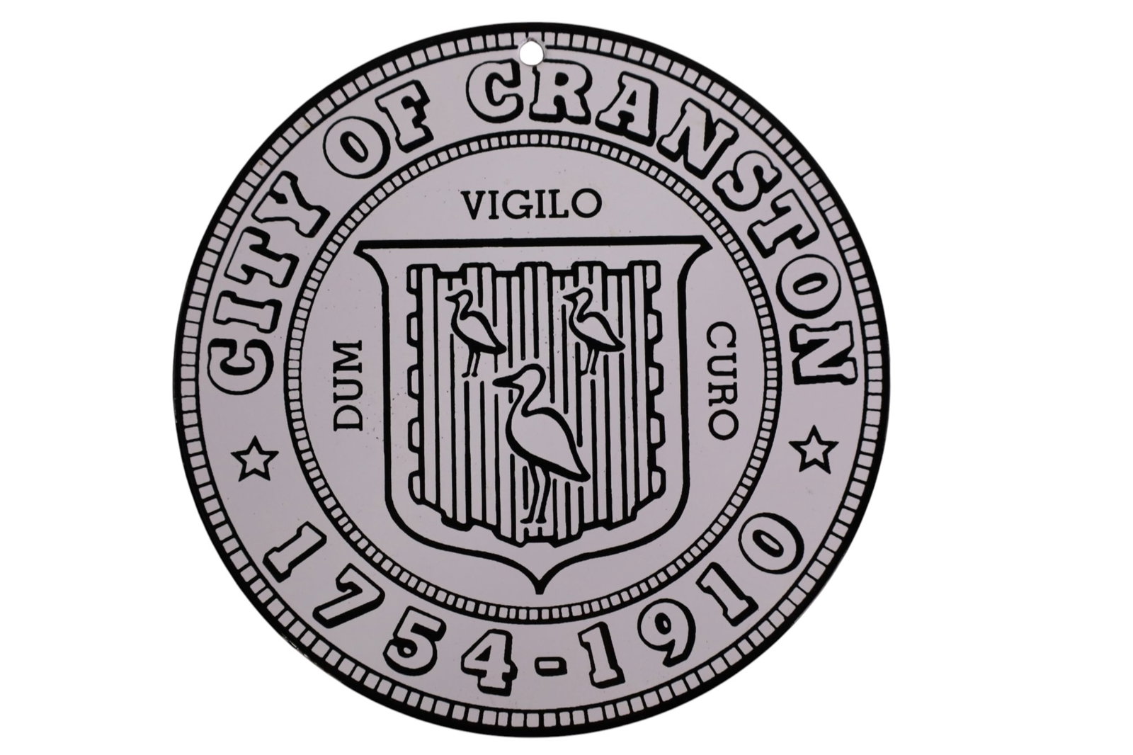 CITY OF CRANSTON PORCELAIN SIGN: SMALL CITY OF CRANSTON PORCELAIN CITY SIGN. 8" DIAM.