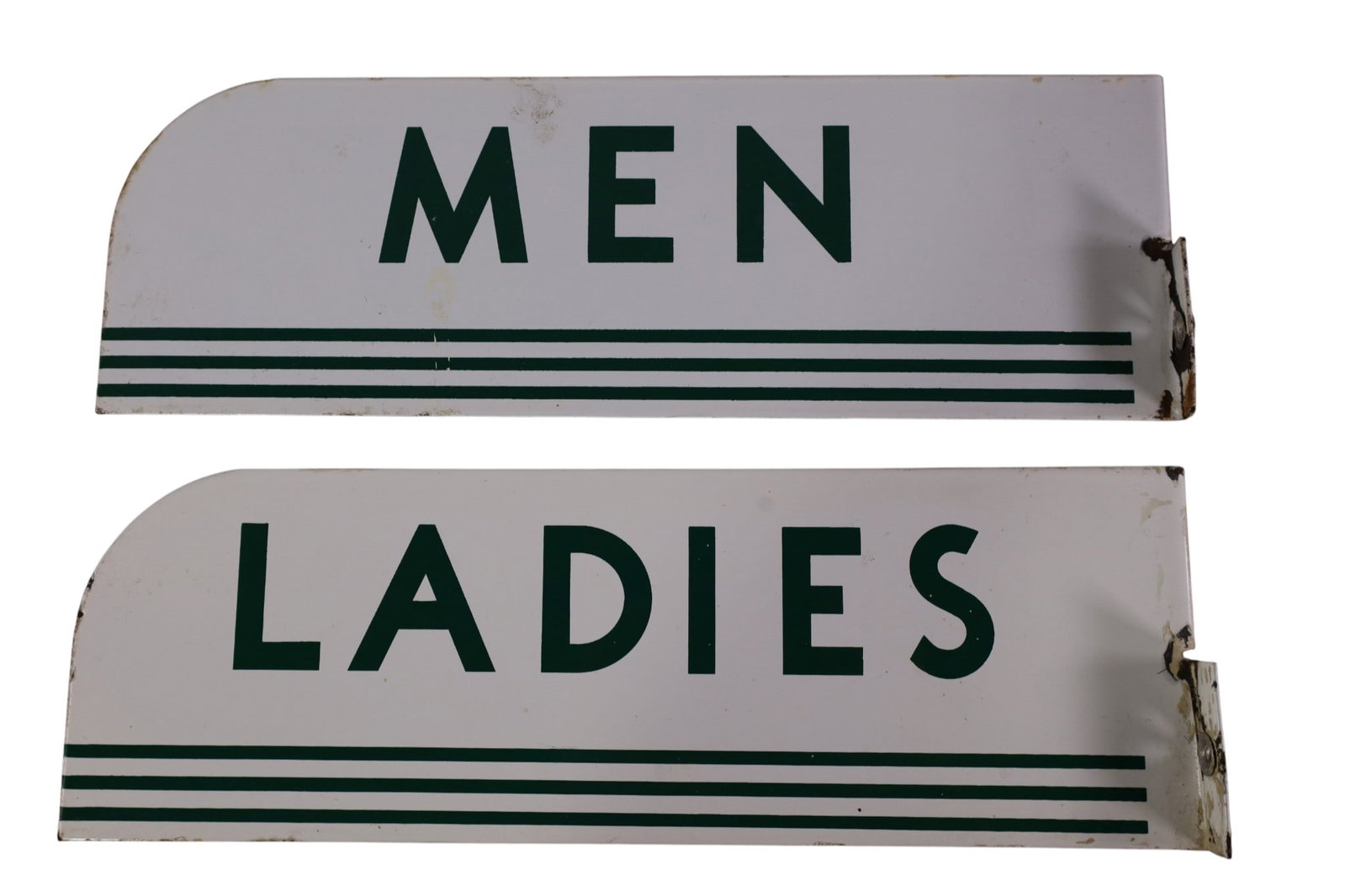 TEXACO RESTROOM SIGNS: DOUBLE SIDED PORCELAIN TEXACO SERVICE STATION RESTROOM SIGNS, MENS & LADIES. CHIPS. 15" x 5"