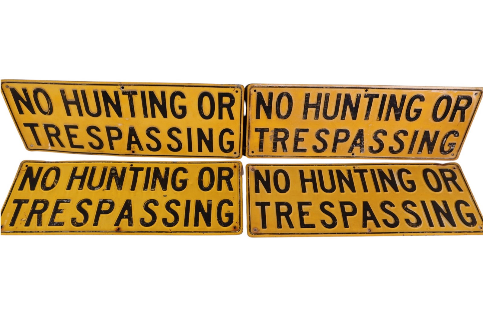 4 PAINTED METAL SIGNS: EMBOSSED PAINTED METAL, NO HUNTING OR TRESPASSING SIGNS. PAINT LOSS. 16 1/2" x 6"
