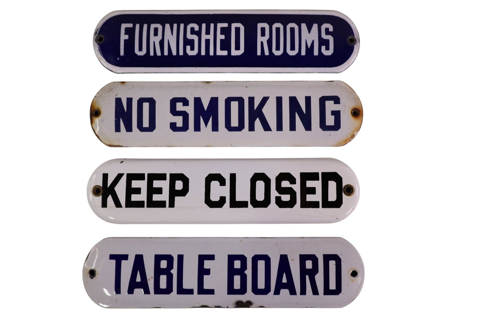 4 SMALL PORCELAIN SIGNS: 4 SMALL PORCELAIN SIGNS, NO SMOKING, FURNISHED ROOMS, KEEP CLOSED, & TABLE BOARD. ALL HAVE CHIPS. 10" x 2 1/2"