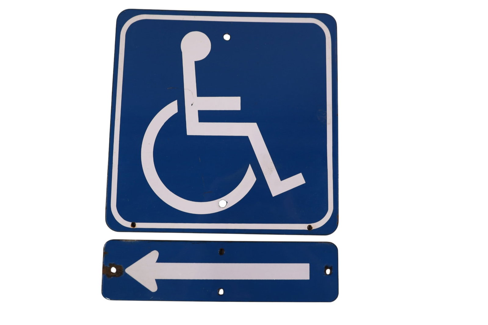 2 PC. PORCELAIN HANDICAP SIGN: HANDICAP WHEELCHAIR SIGN & ARROW PORCELAIN SIGN, CHIPS. 12" x 12" & 12" x 3"