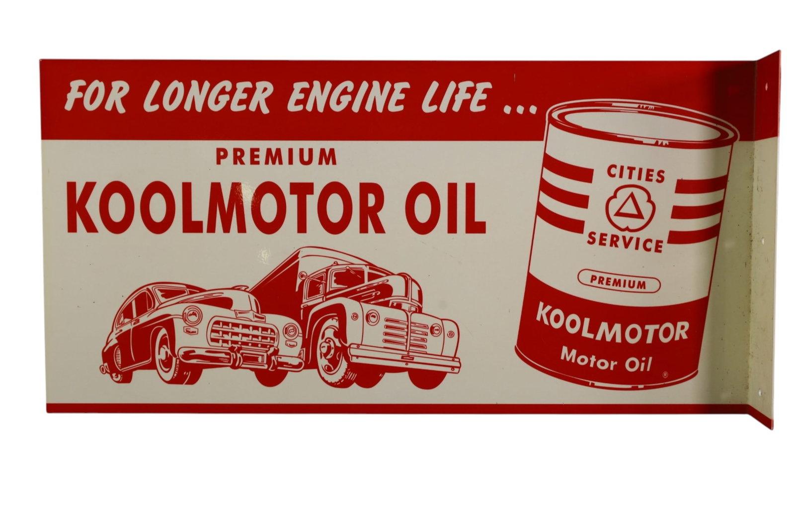 CITIES SERVICE PORCELAIN FLANGE (FANTASY): DOUBLE SIDED PORCELAIN FLANGE, CITIES SERVICE KOOLMOTOR OIL, WITH TRUCK GRAPHIC. (FANTASY SIGN). 24" x 12"