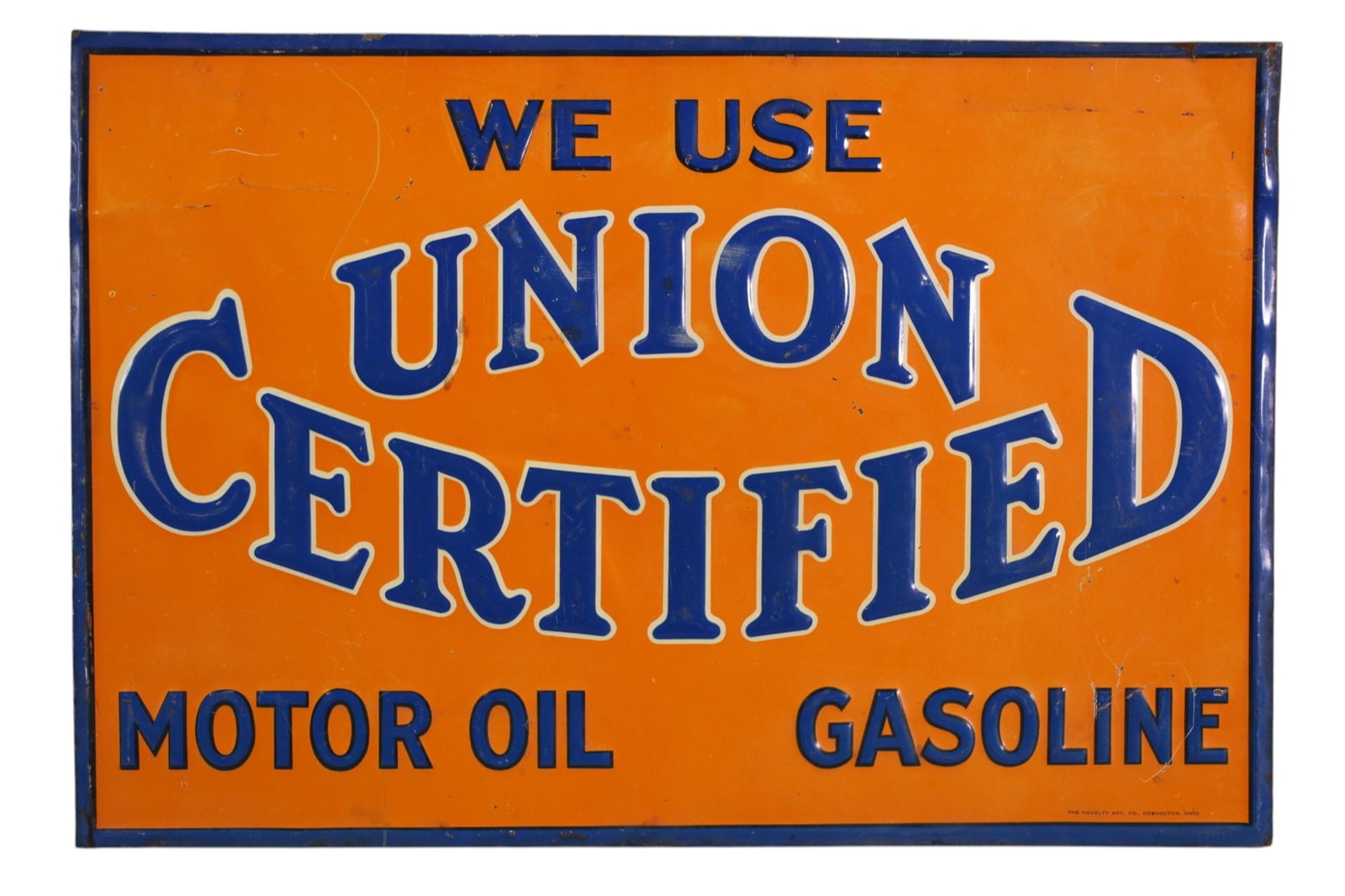 UNION CERTIFIED METAL SIGN: SST EMBOSSED UNION CERTIFIED MOTOR OIL GASOLINE. SCRATCHES. 17" x 12"