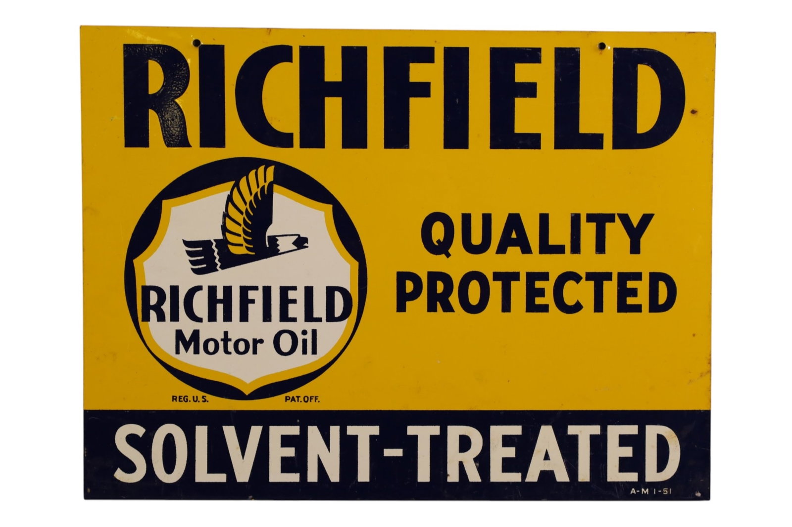 RICHFIELD MOTOR OIL SOLVENT TREATED METAL SIGN (TAC): DST, MOTOR OIL SOLVENT TREATED, RICHFIELD MOTOR OIL. SCRATCHES, TAPE RESIDUE. VERY GOOD GLOSS. MARKED AM 1-51. CAN IMPROVE WITH CLEANING. 16" x 12" RATED 8.9/9. TAC#034221