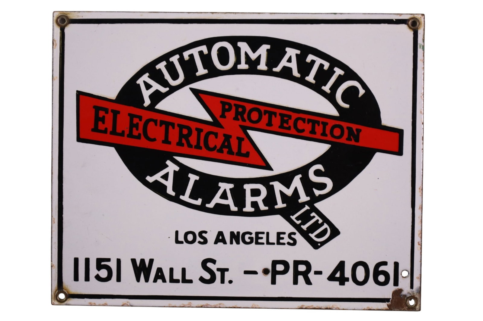 AUTOMATIC ALARMS PORCELAIN SIGN: SSP, AUTOMATIC ALARMS, LOS ANGELES CALIFORNIA SIGN. CHIPS. 10" X 8"
