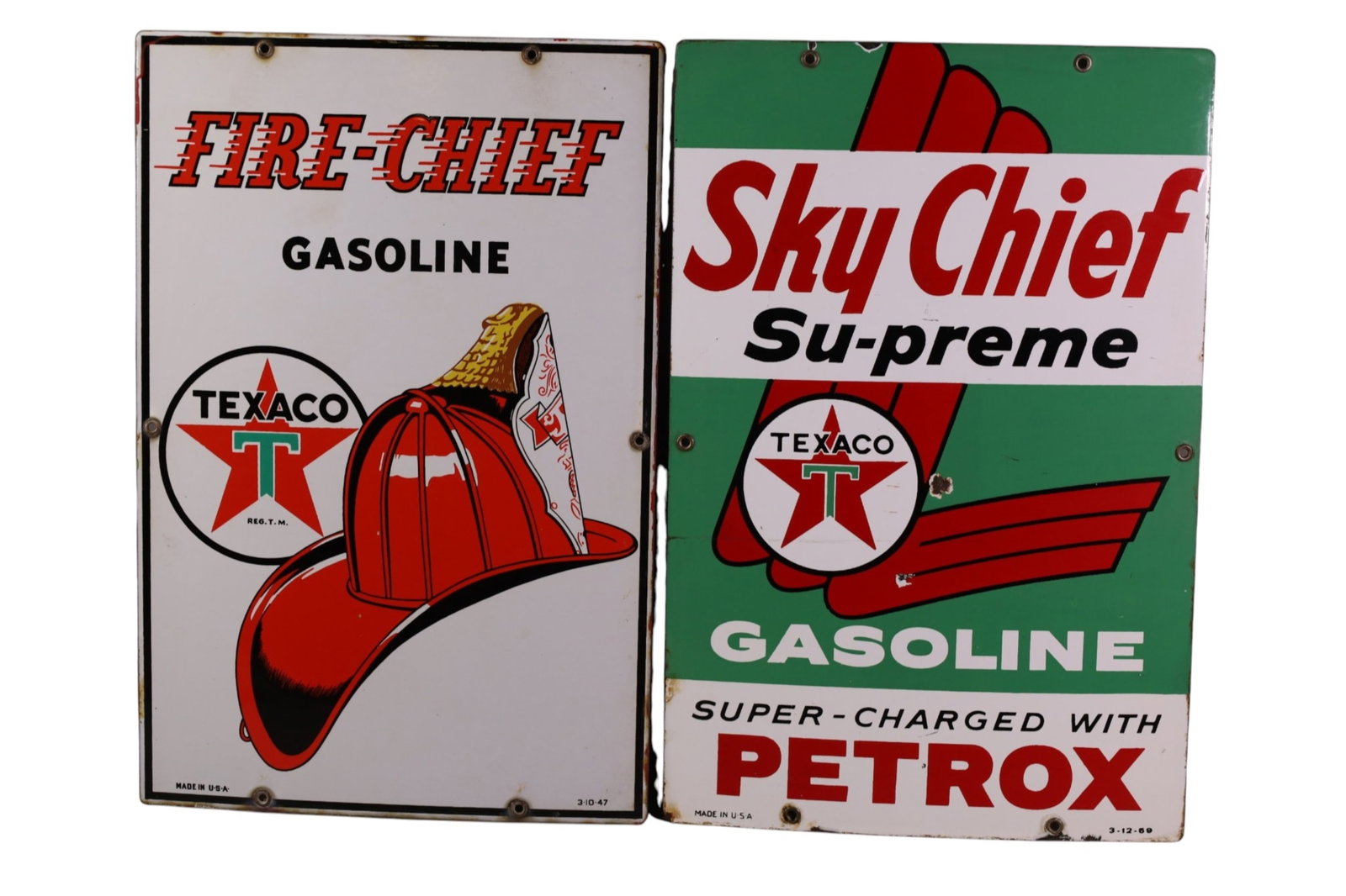 2 TEXACO PUMP PLATES: 2 SSP TEXACO PUMP PLATES SKY CHIEF SU-PREME, & FIRE CHIEF GASOLINE. SOME CHIPS. 12" x 18"
