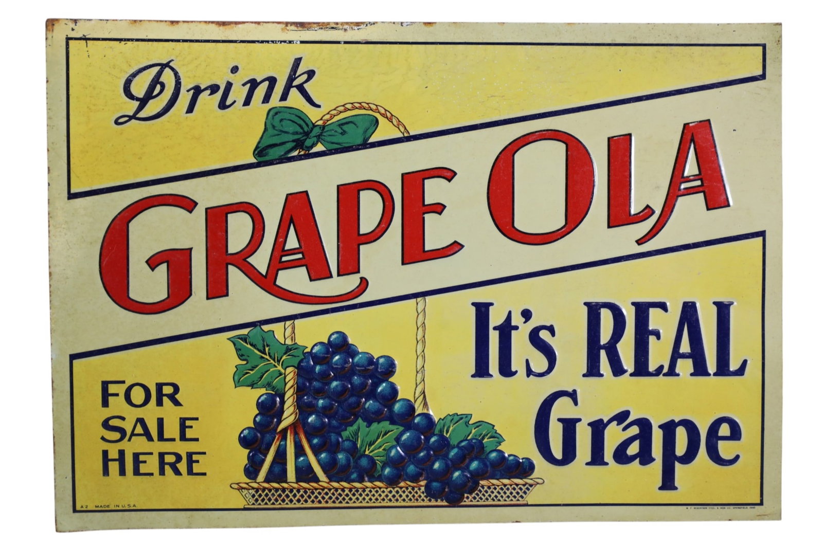GRAPE OLA METAL SIGN: EMBOSSED SST GRAPE OLA SIGN, SCRATCHES, MINOR RUST. 19 1/2" x 13 1/2"