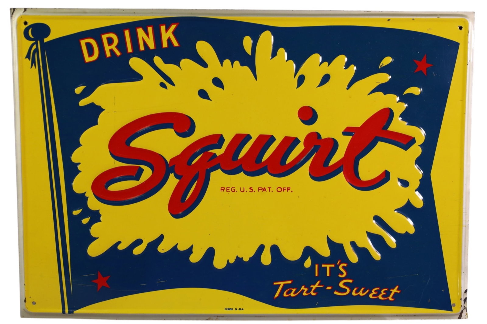 DRINK SQUIRT METAL SIGN: EMBOSSED SST DRINK SQUIRT ITS TART-SWEET SIGN. SCRATCHES. 20" x 13 1/2"
