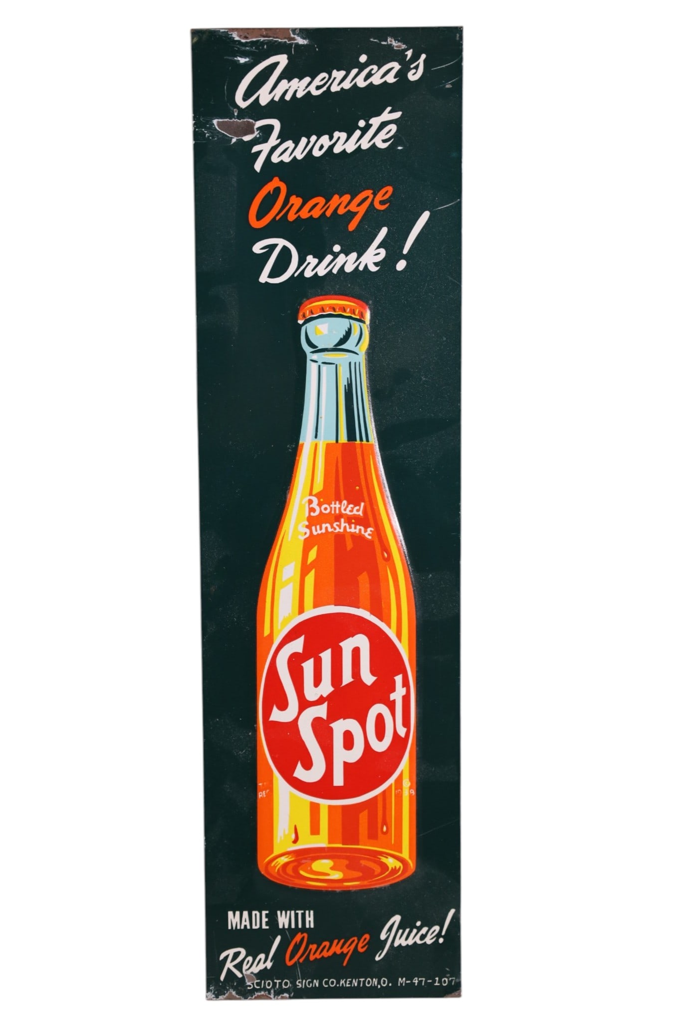 SUN SPOT SODA METAL SIGN: EMBOSSES SST SUN SPOT SIGN, SCRATCHES, PAINT LOSS. 3 1/2" x 13"