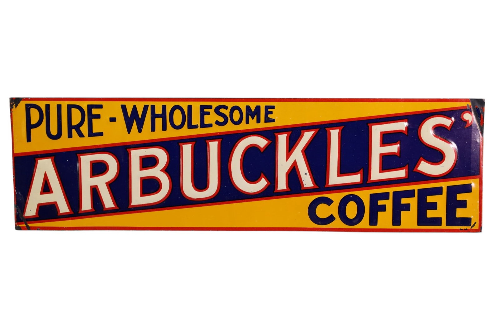 ARBUCKLES COFFEE METAL SIGN: EMBOSSED SST ARBUCKLES COFFEE SIGN, PAINT LOSS, DAMAGE TO CORNERS. 19 1/2" x 5 1/2"
