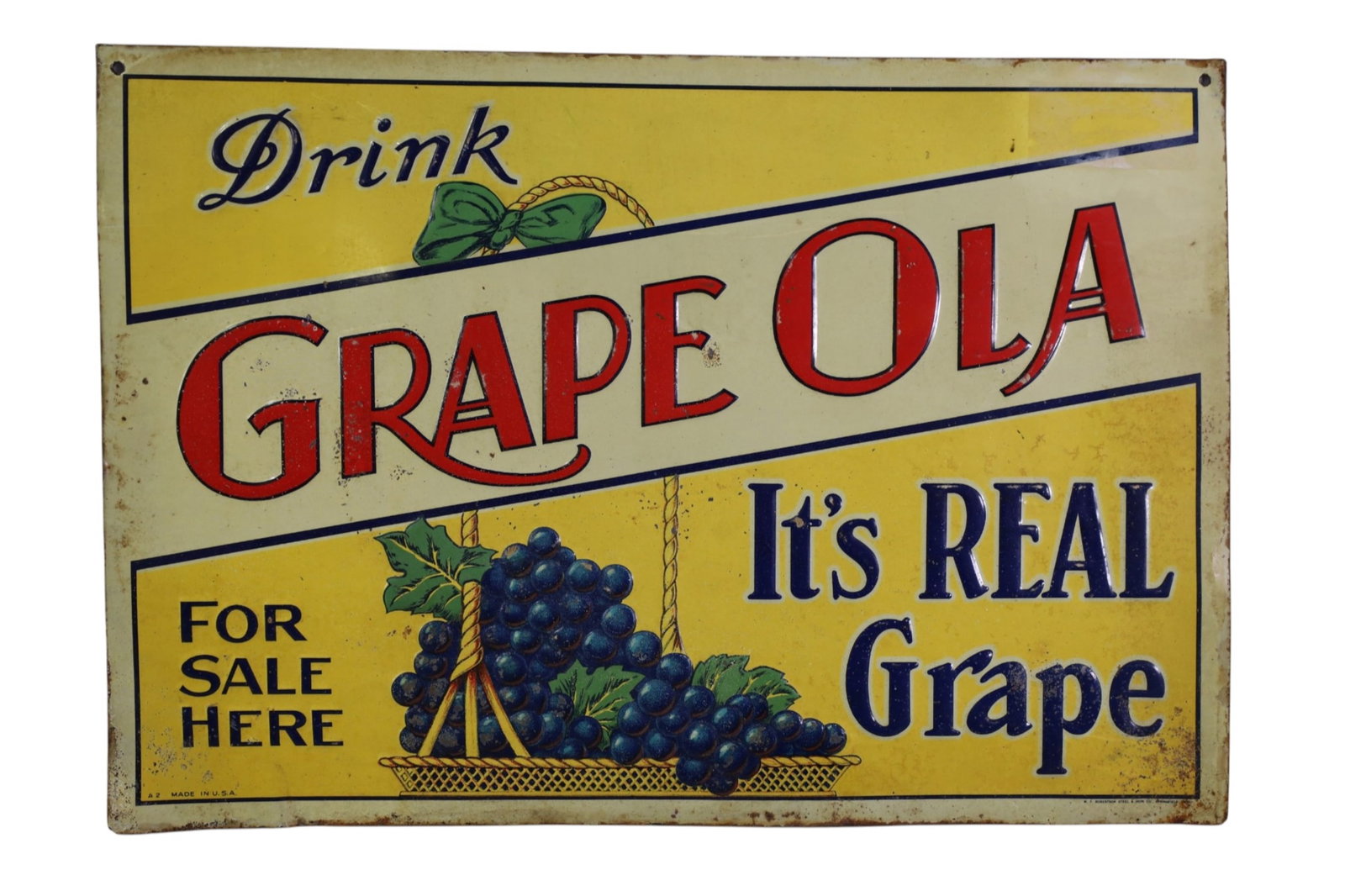 GRAPE OLA METAL SIGN: SST GRAPE OLA IT'S REAL GRAPE SIGN, SCRATCHES, & RUST. 19 1/2" x 13 1/2"
