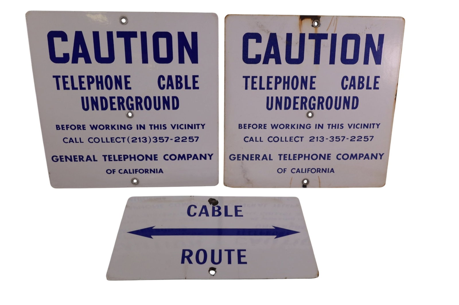 3 PORCELAIN CAUTION SIGNS: SSP CAUTION SIGNS, GENERAL TELEPHONE CO OF CALIFORNIA. 12" x 12" & 12" x 7"