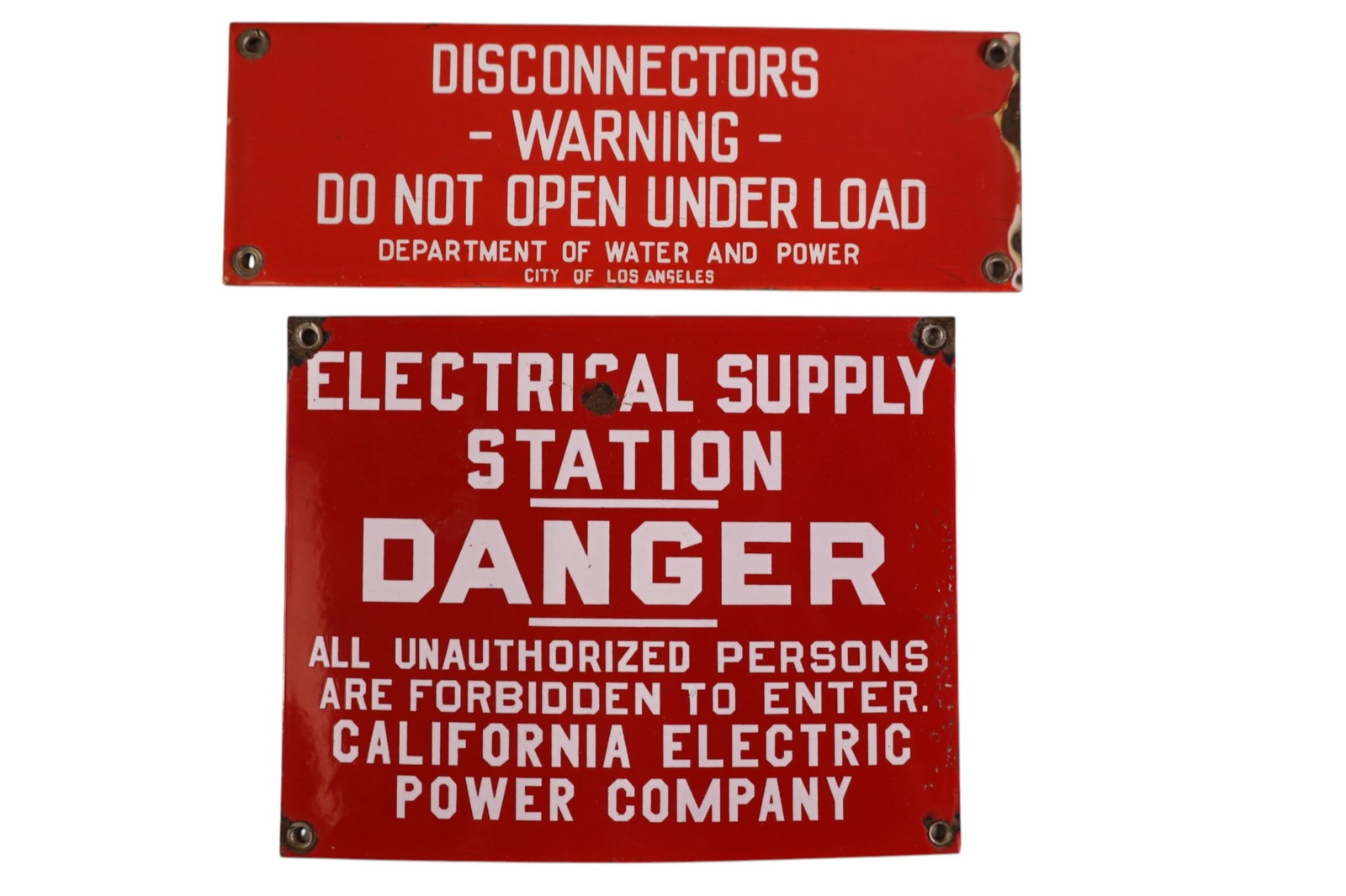 2 DEPT OF WATER & POWER PORCELAIN SIGNS: SSP DANGER ELECTRICAL SUPPLY SIGN & SSP WARNING DISCONNECTORS SIGN. CHIPS. 10" - 12" W.