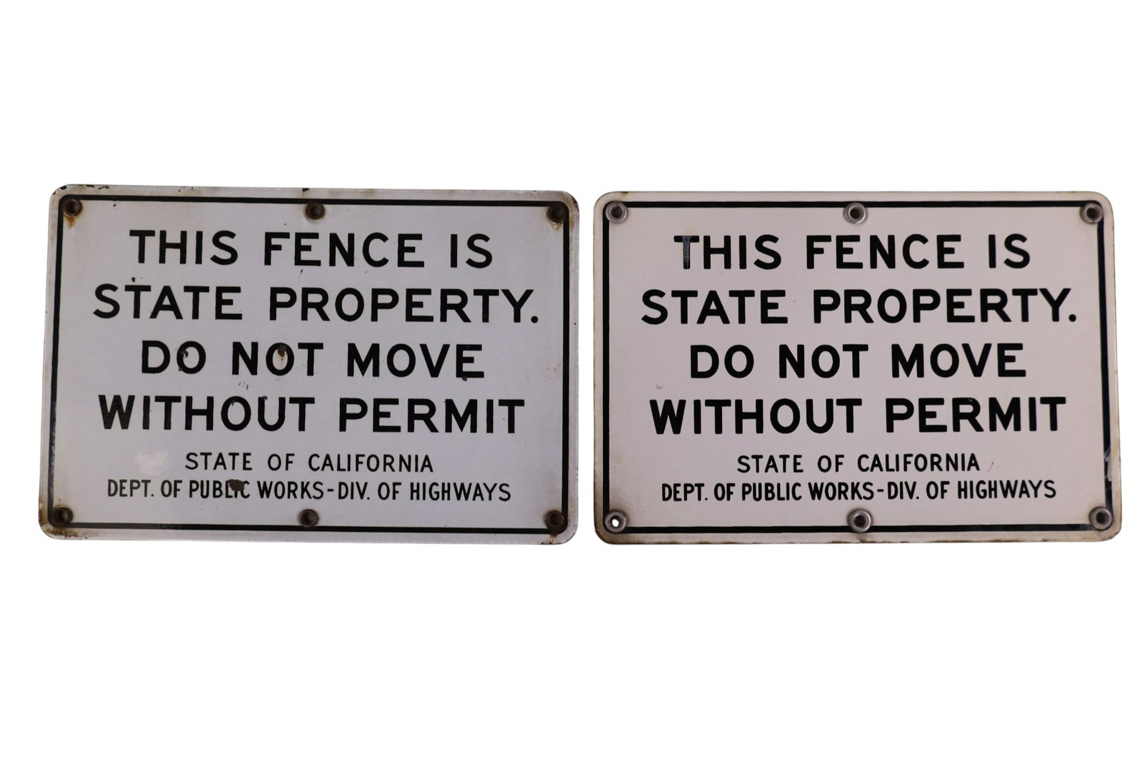 2 PORCELAIN FENCE SIGNS: SSP CA DEPT OF WORKS DIV OF HIGHWAYS. 12" x 8"