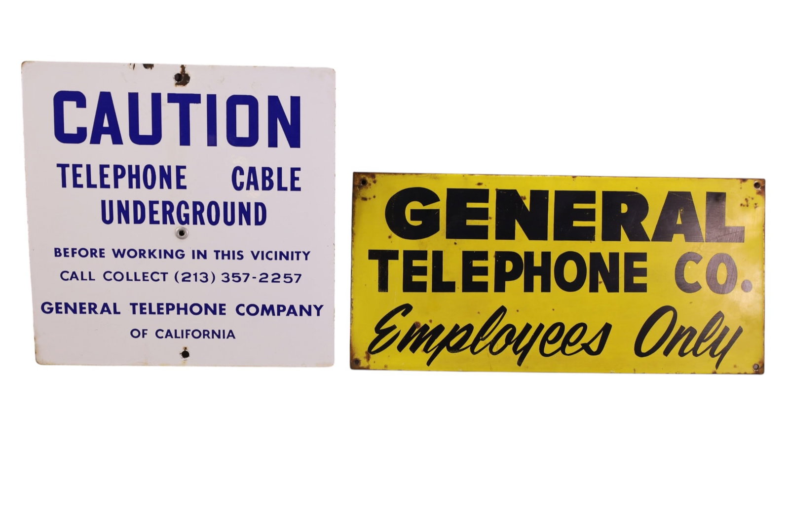 2 GENERAL TELEPHONE SIGNS: SSP CAUTION SIGN & PAINTED METAL SIGN. 12" - 17" W.