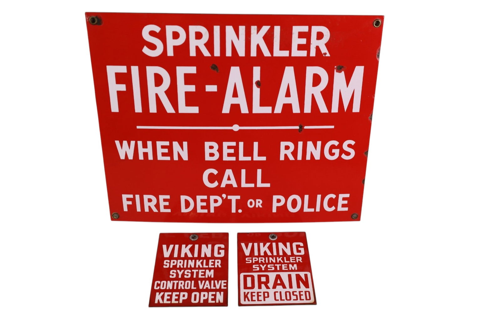 3 PORCELAIN SPRINKLER SIGNS: SSP, SPRINKLER - FIRE ALARM SIGNS. 4" - 15" W.