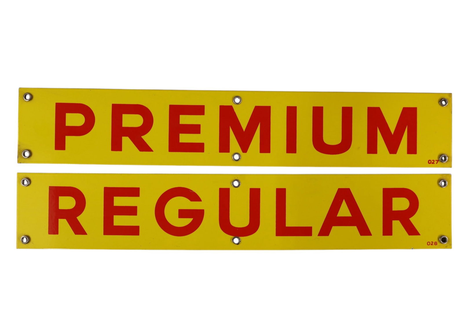 2 PORCELAIN PUMP PLATE STRIP SIGNS: SSP SHELL? STRIP SIGNS, 23" x 4"