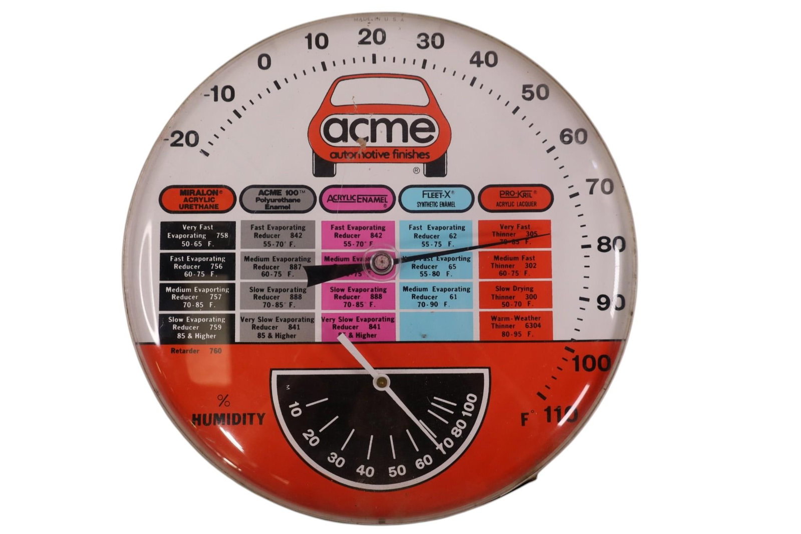 ACME AUTOMOTIVE THERMOMETER: ACME AUTOMOTIVE FINISHES THERMOMETER. 12" DIAM