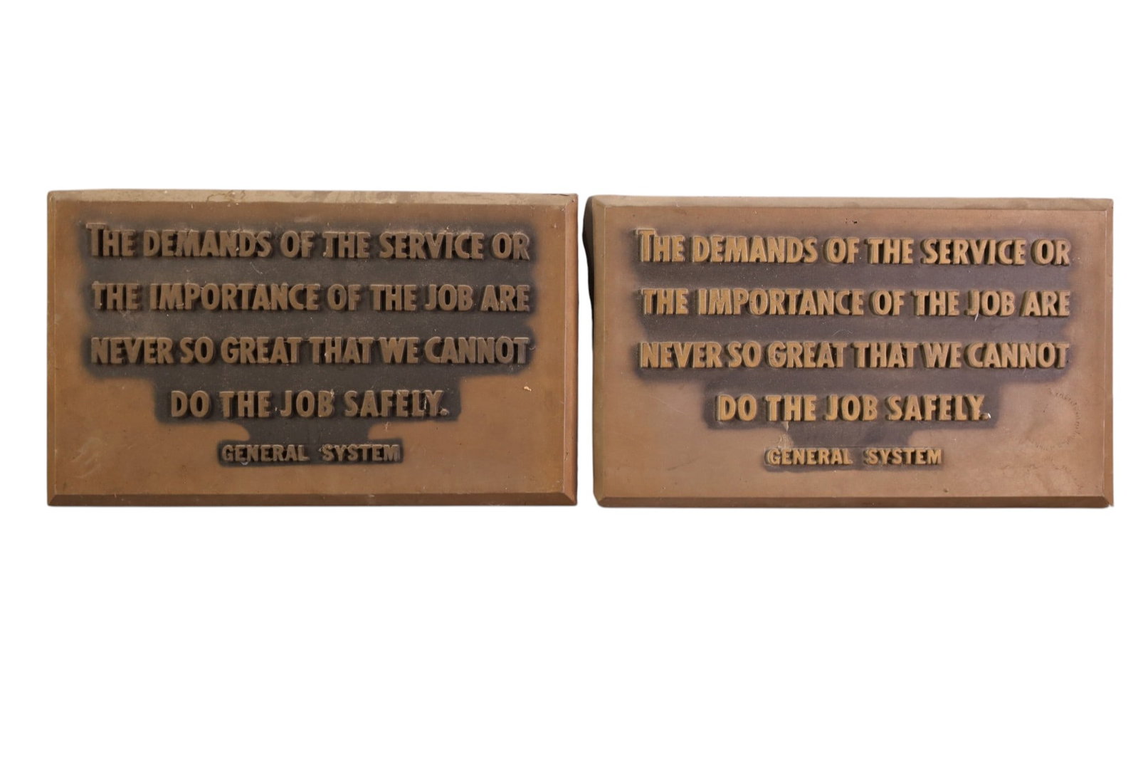2 GENERAL SYSTEMS SIGNS: STAMPED PLASTIC GENERAL (TELEPHONE) SYSTEMS SAFETY SIGNS. 13 1/2" X 8"